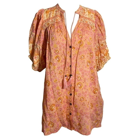 Spell • Sundown Camel Floral Print Short Sleeve Button Down Blouse Top Apricot S - Picture 2 of 10